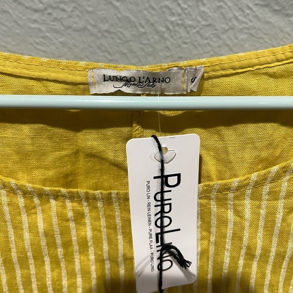 Lungo L’Arno Mustard Color 100% Linen White Stripes 3/4 Sleeve Tunic Top NWT - Picture 4 of 7